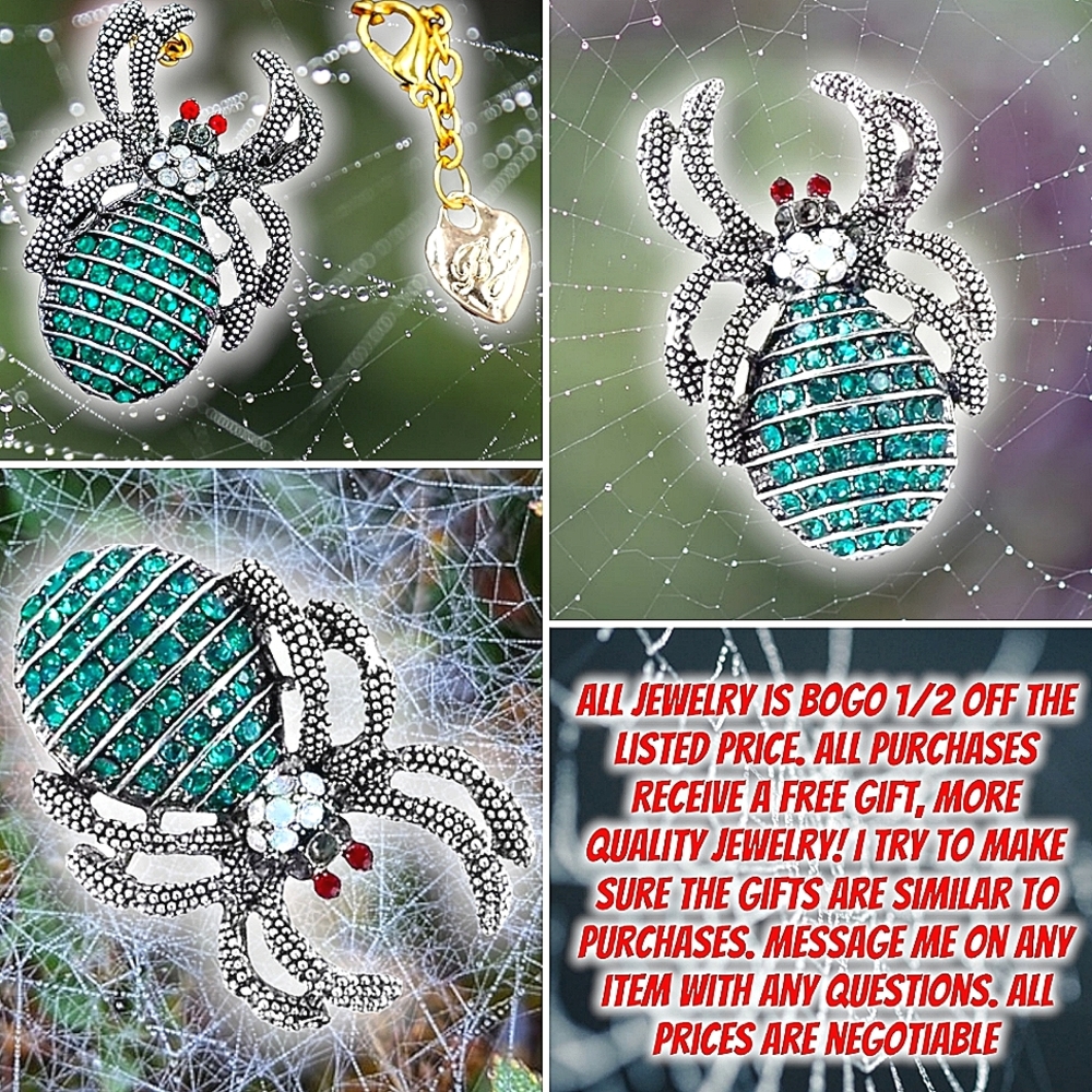 Silver plated blue and red crystal spider necklace/brooch